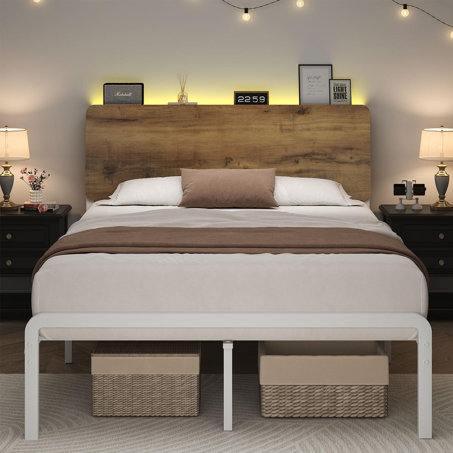 MaverickFurni Full Bed Frame, LED Bed Frame with Storage Headboard, Metal Platform Bed Full Size, Heavy Duty Metal Slats, No Box Spring Needed, Easy Assembly, White and Walnut