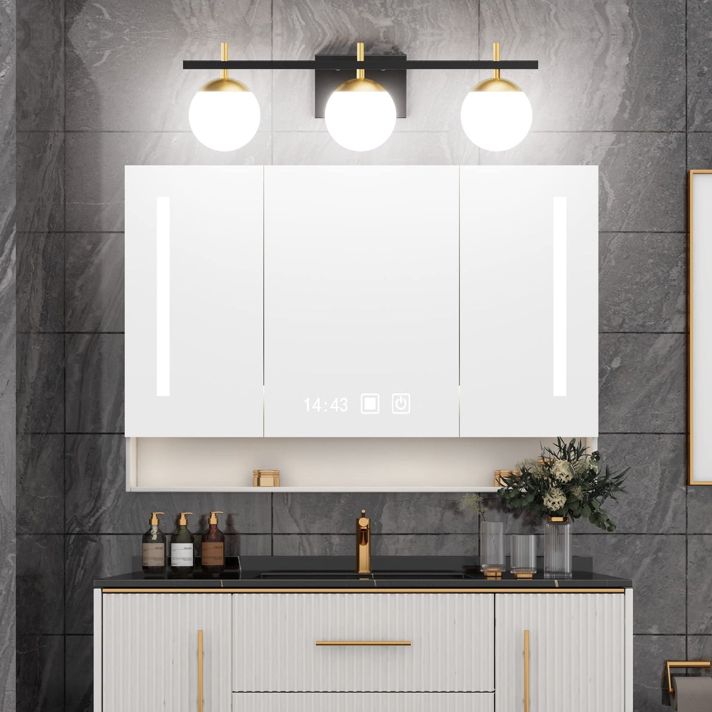 Ralbay Mid Century Modern Vanity Lights 3-Light Milky Glass Over Mirror, Black/Golden Wall Light Fixture for Bathroom (Exclude Bulb)