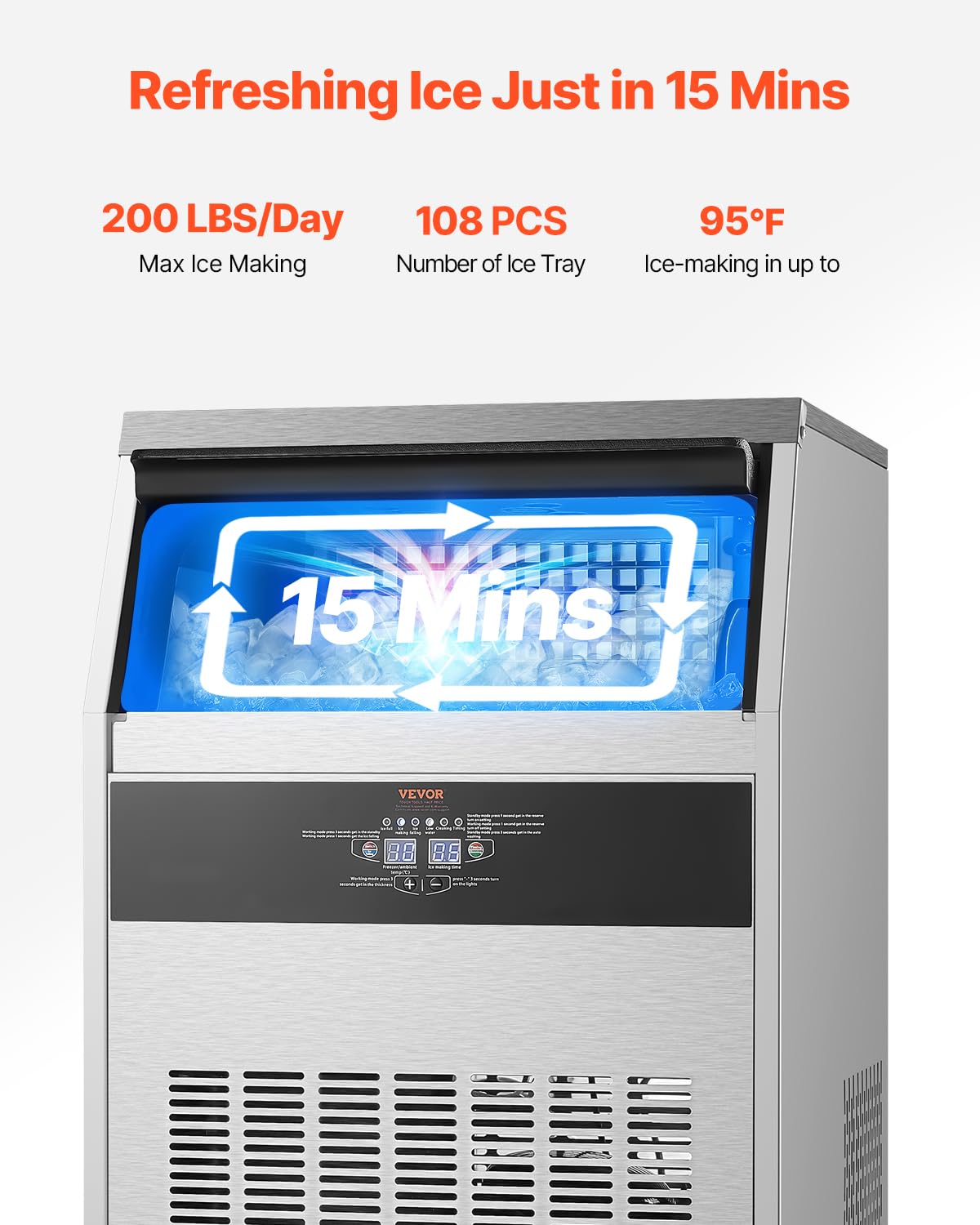Vevor 200Lbs/24H Commercial Ice Maker Machine With Drain Pump, 66Lbs Storage Capacity Ice Maker, 108 Ice Cubes In 15 Minutes, Le
