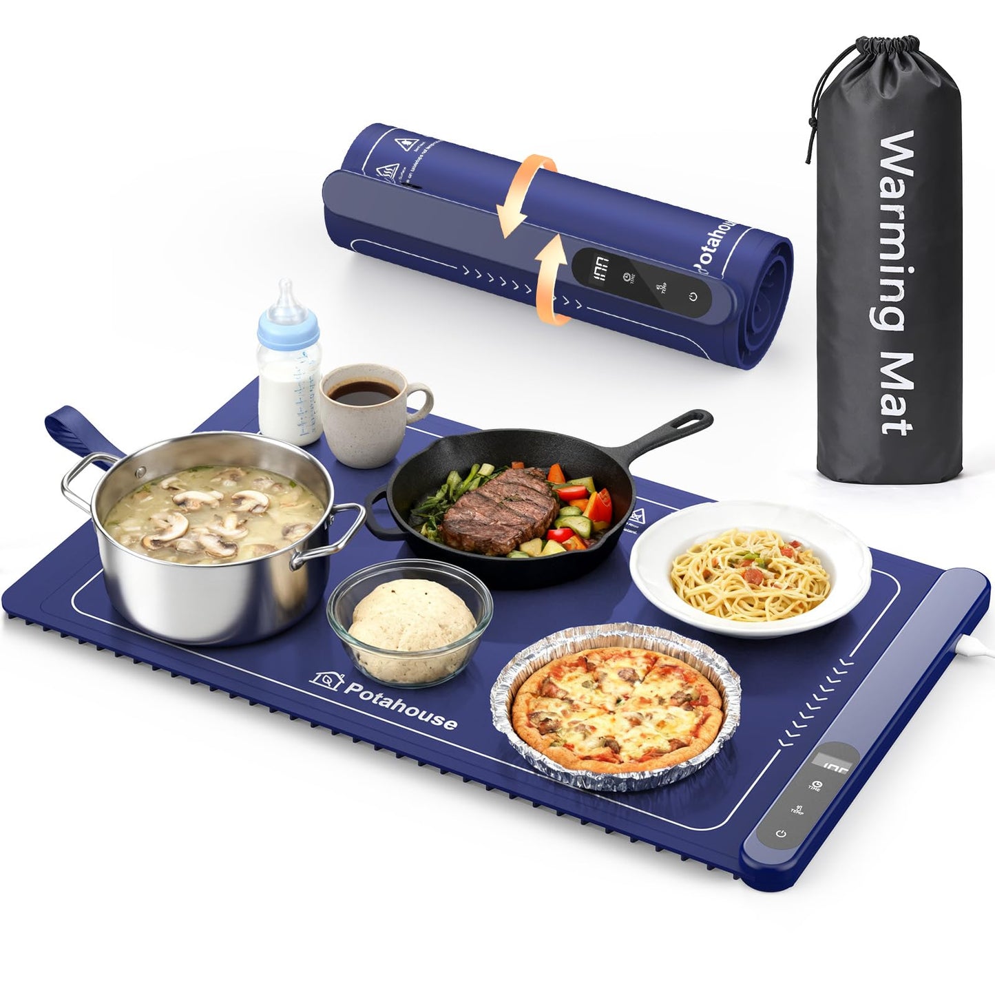 Potahouse® Warming Mat for Food, Graphene Full-Surface Fast Heating, Electric Warming Tray with 6 Temp & Timer Settings, Rollable & Portable Silicone Food Warmer for Parties, Home and Travel, Blue