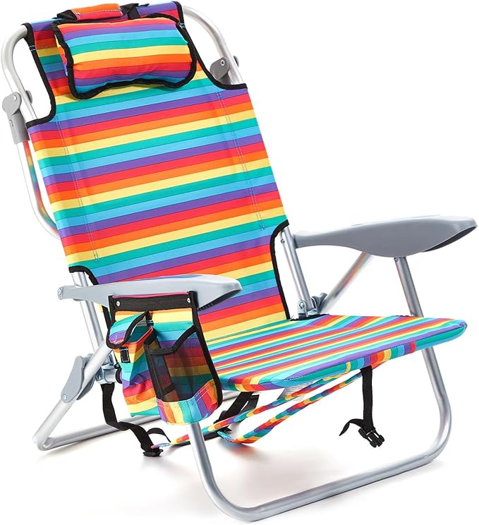 Canpsky Portable Beach Chair for Adults, Outdoor Camping Chair Lay Flat Folding Backpack Beach Reclining Chair with 5 Positions, Headrest, Cup Holder, Heavy Rainbow Striped