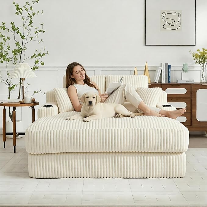 Asukale 60" Oversized Chaise Lounge Chair Indoor, Boneless Cloud Chair Bed with 4 Pillows & Armrests, No Assembly Corduroy Upholstered Sofa for Living Room, Bedroom, Apartment(Beige)