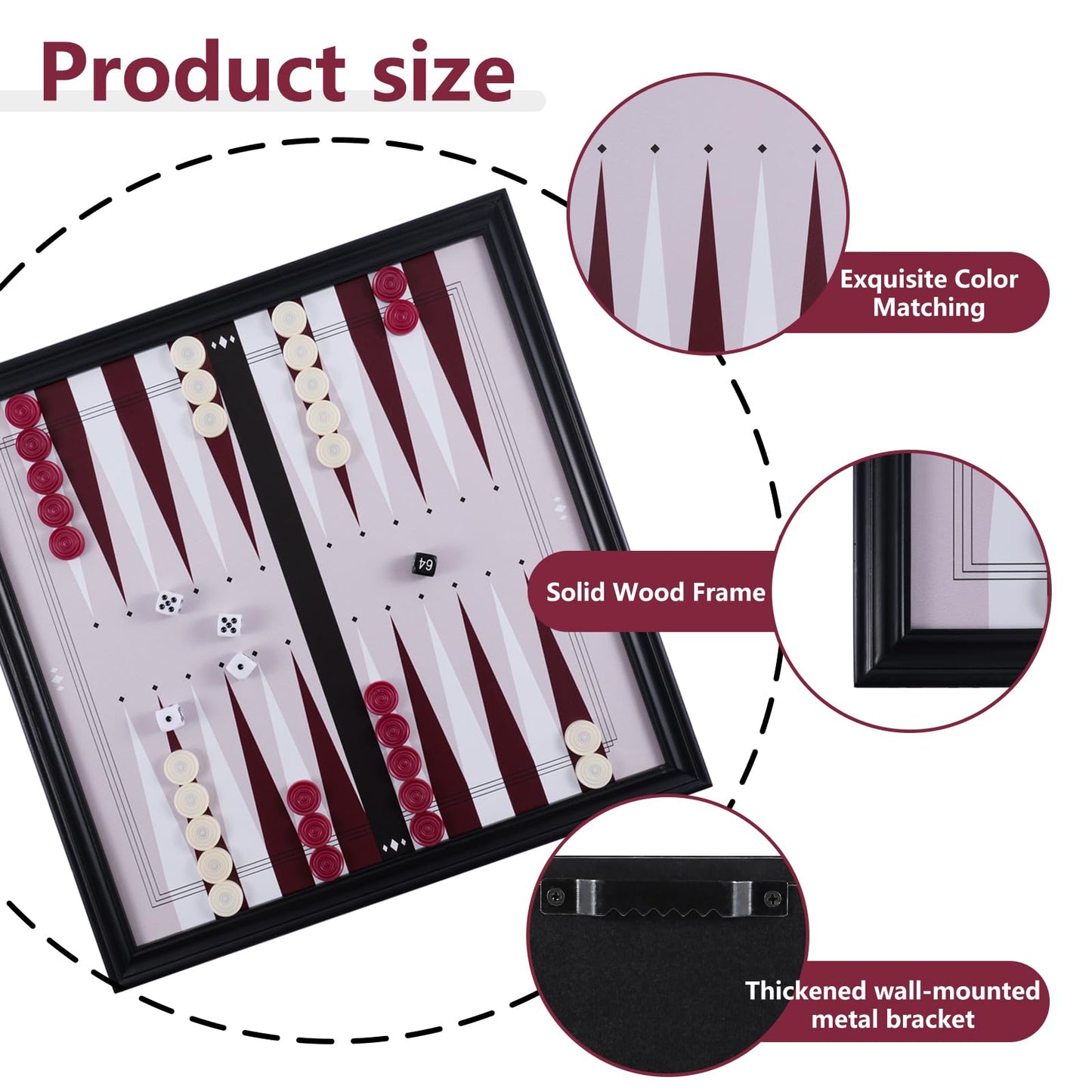 Qryovsa 17.6 in Hanging Wall Backgammon Sets for Adults, Backgammon Board Game for 2 Players, Checkers & Dice Set, Wooden Board Games, Portable Travel Strategy Backgammon Game Sets