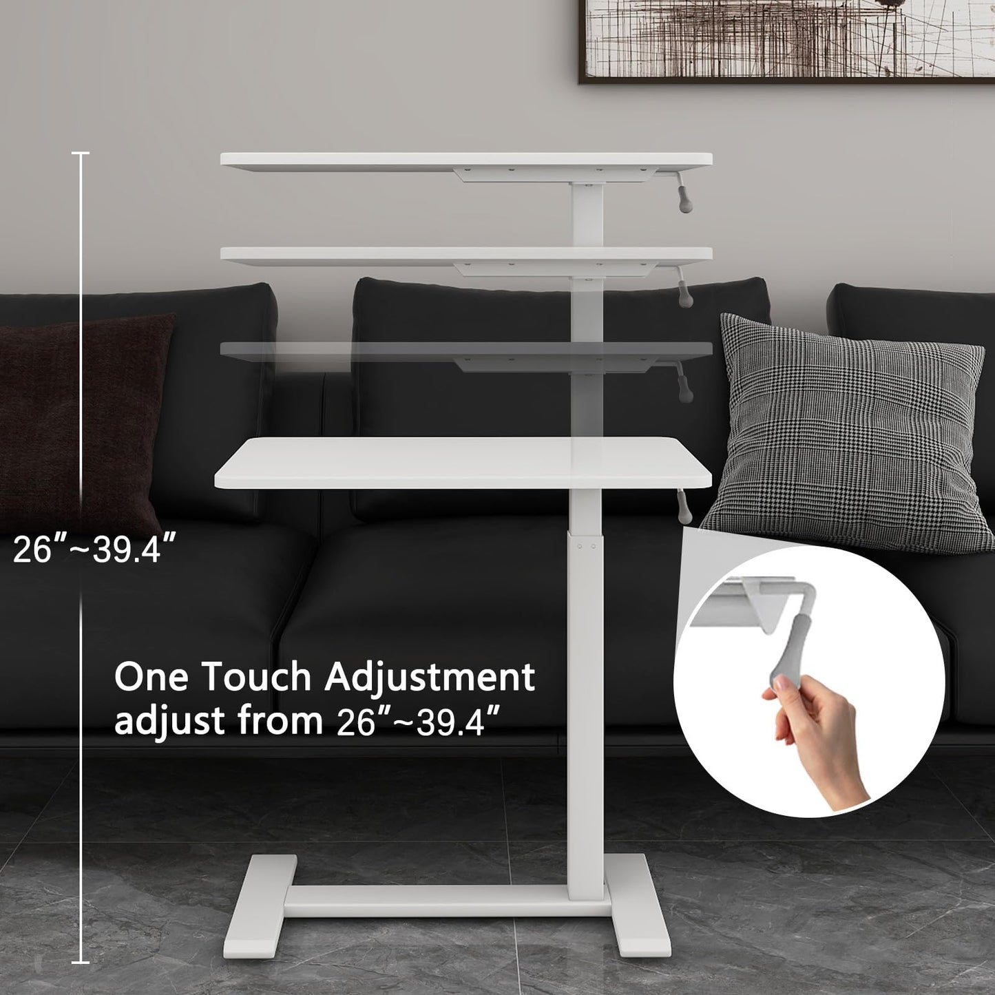 PUNCIA Medical Adjustable Overbed Bedside Table with Hidden Casters Pneumatic Mobile Standing Laptop Desk Movable Over The Bed Table Rolling Computer Cart for Hospital Home Use(26.8”Wx15.7”D White)