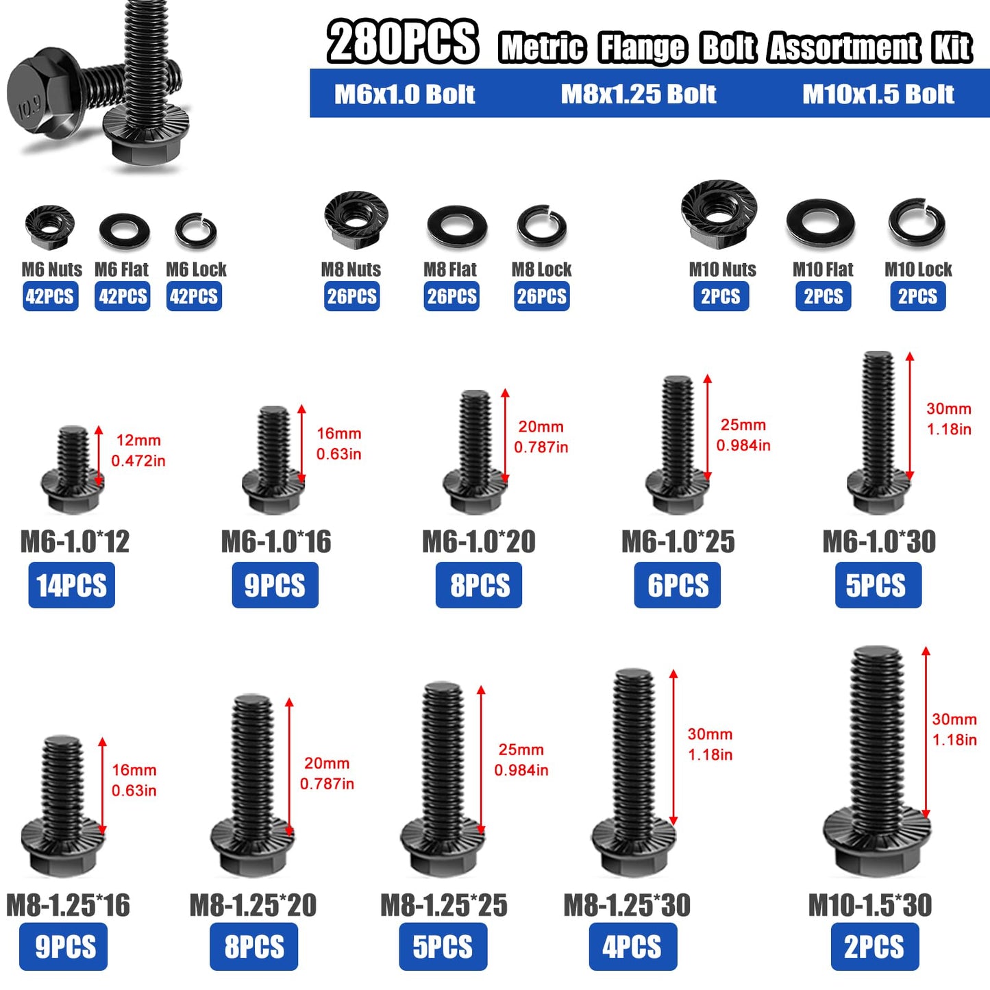 Taiss 3160PCS Metric Flange Bolt Assortment Kit,Nuts and Bolts Assortment Kit M2 M3 M4 M5 M6x1.0 M8x1.25 M10x1.5 Bolt(4-45mm) 42 Sizes Hex Socket Button & Cap Head Metric Screw 10.9 Black Zinc Plated