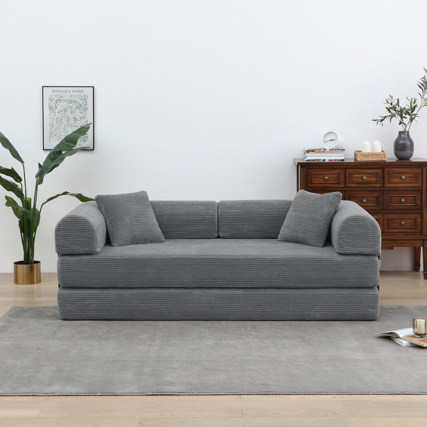 ZEIINPA Comfy Convertible Folding Mattress Couch, Floor Sofa Bed with Fixed-Shape Frame, Corduroy Floor Sofa with Armrest, Floor Sofa Lounge Couch for Living Room Bedroom Lounge Studio,Grey