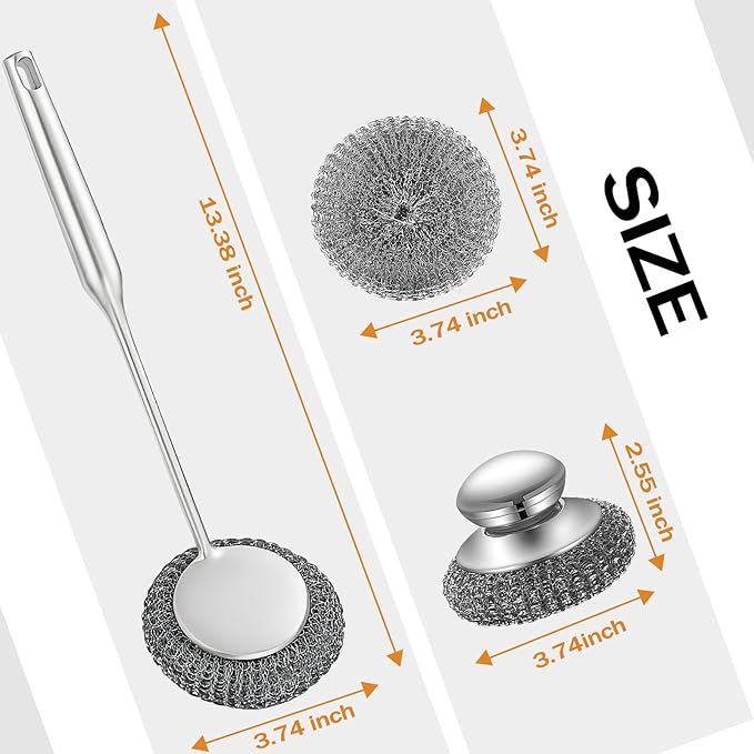 Heavy Duty Stainless Steel Scrubber Set - Long & Short Handle with 5 Steel Wool Pads, Cast Iron & Pot Scrubber for Dishes, Pans, Grills, Stoves