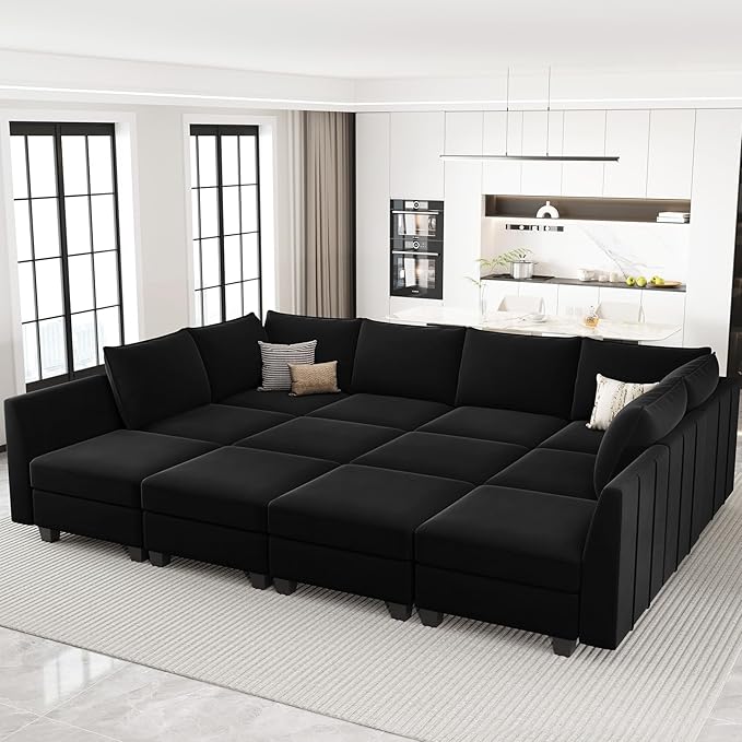 Belffin Oversized Modular Sectional Couch Sleeper Sofa with Storage Velvet Sectional Sofa Bed for Living Room, 12 Seats, Black