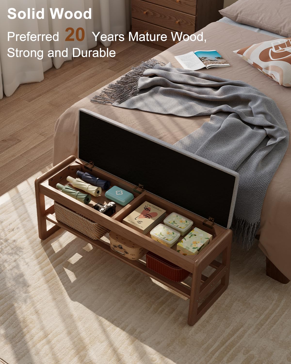 AQIMUELE Shoe Rack Bench with Cushion, 2 Tiers Shoe Bench with Flip-Top Storage,Wood Shoe Rack for Entryway,Hallway（Walnut,39.3"）