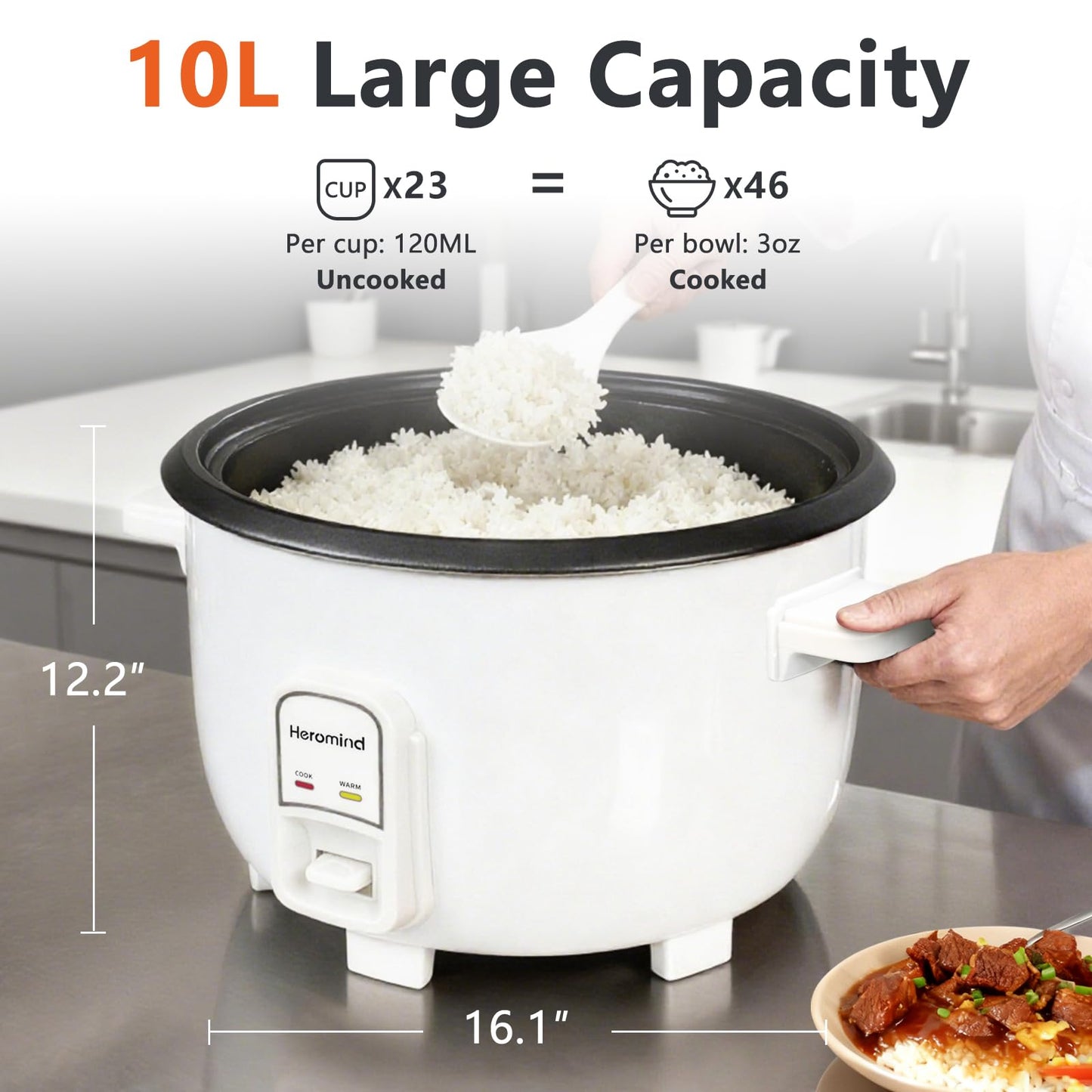 Heromind Commercial Rice Cooker, 46-Cup Rice Cooker, 9Qt / 10 L Large Rice Cooker with Nonstick Inner Pot, Fast Cooking and Auto Keep Warm, with Rice Cup and Paddle, Easy to Clean, 1600W