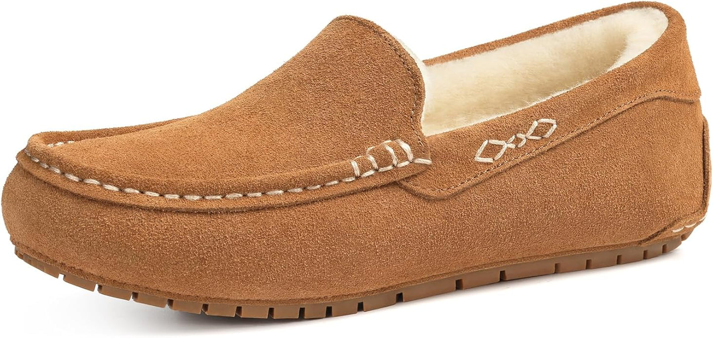 KIDMI Women's Genuine Suede Moccasin Slippers Fluffy Cozy House Shoes with Soft Sole Indoor/Outdoor