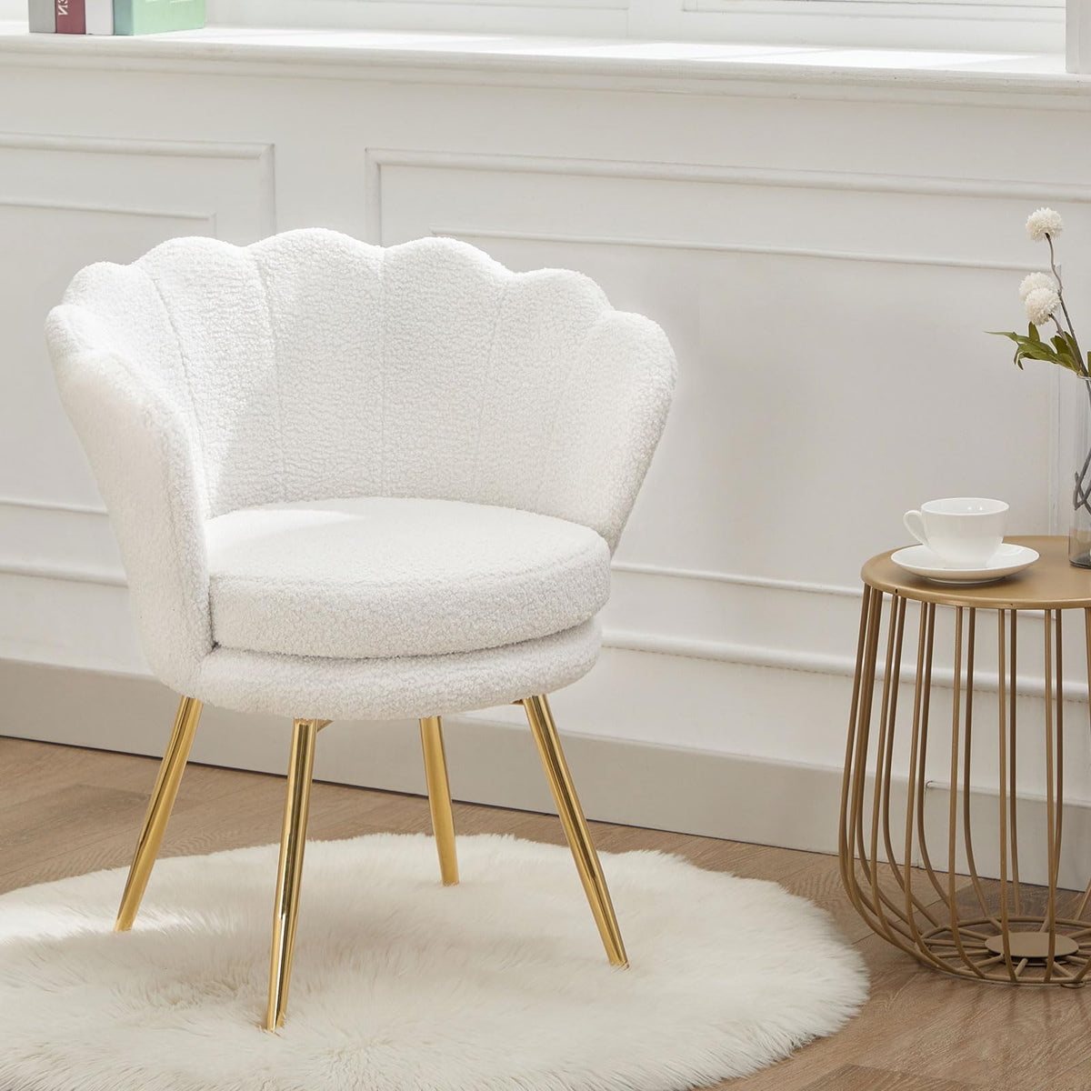 Czlolo Teddy Vanity Chair with Back, Mid-Century Modern Small Accent Chair for Living Room, Golden Metal Legs Upholstered Boucle Makeup Chair, 1Pcs Bedroom Armchair, White