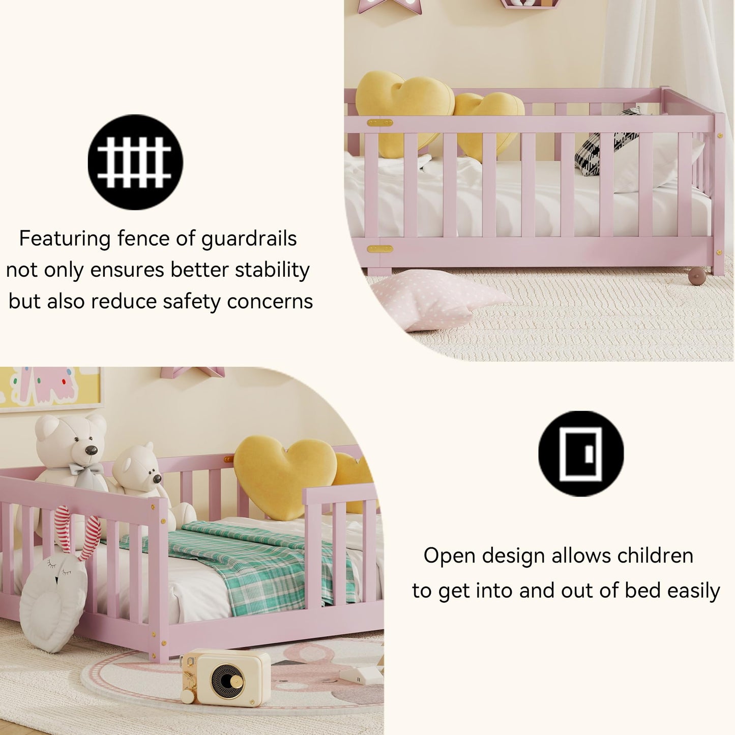 Duxelifin Twin Toddler Floor Bed, Wooden Montessori Bed Frame for Kids, Twin Size Bed Frame with Rails for Kids, Boys and Girls, No Box Spring Needed, Pink
