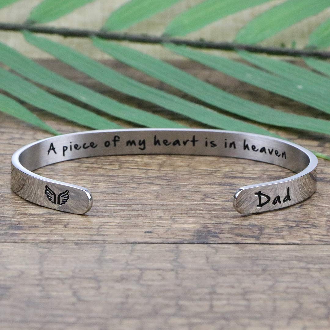 JoycuFF A Piece Of My Heart Is In Heaven Memorial Jewelry Loss of Dad Sympathy Gifts for Women Remembrance Mantra Cuff Bracelet