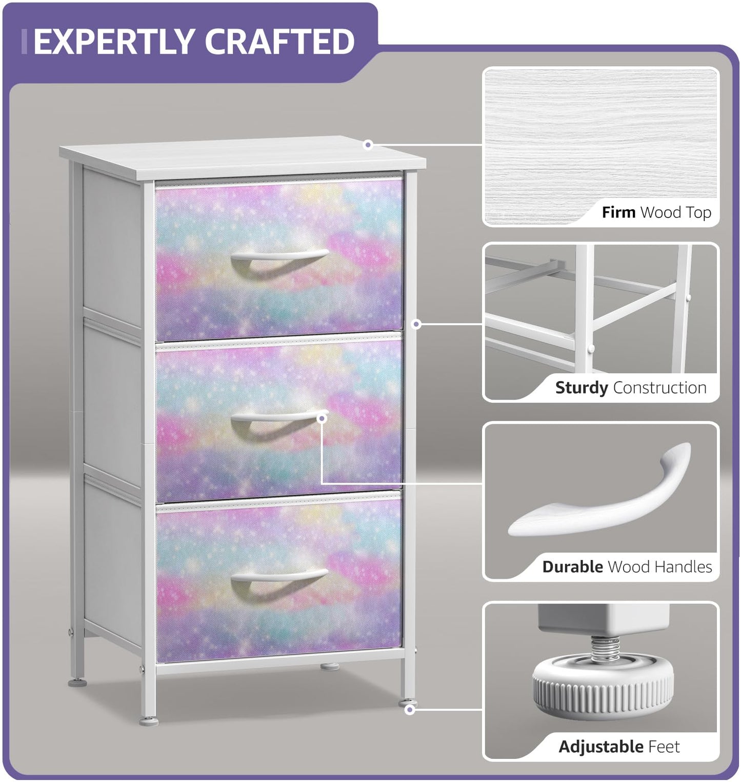 Sorbus Kids Dresser with 3 Drawers - Storage Chest Organizer Nightstand - Steel Frame, Wood Top, Tie-Dye Fabric Bins for Clothes - Wide Furniture for Bedroom, Hallway, Nursery, Closet, & Apartment