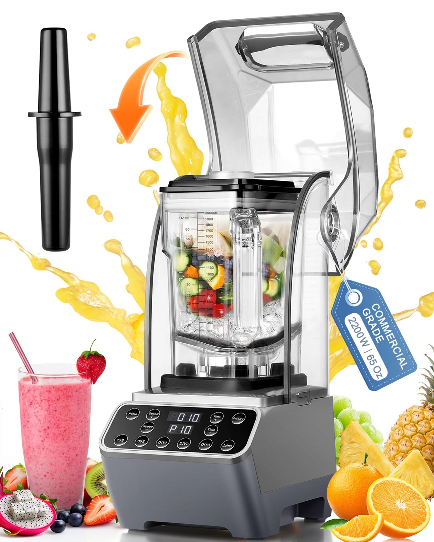 MOGAN Commercial Blender with Sound Shield, 2200W Quiet Smoothie Blender, 65oz Heavy Duty Industrial Professional Mixer for Kitchen & Restaurant, 10 Speeds, Self-Cleaning