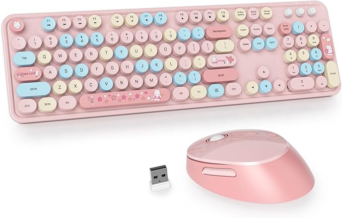 Owpkeenthy Pink Keyboard and Mouse Wireless, Cute Colorful Typewriter Keyboard Full-Sized with Number Pad Round Keycaps for Desktop, Laptop and Computer(Coloful Pink)