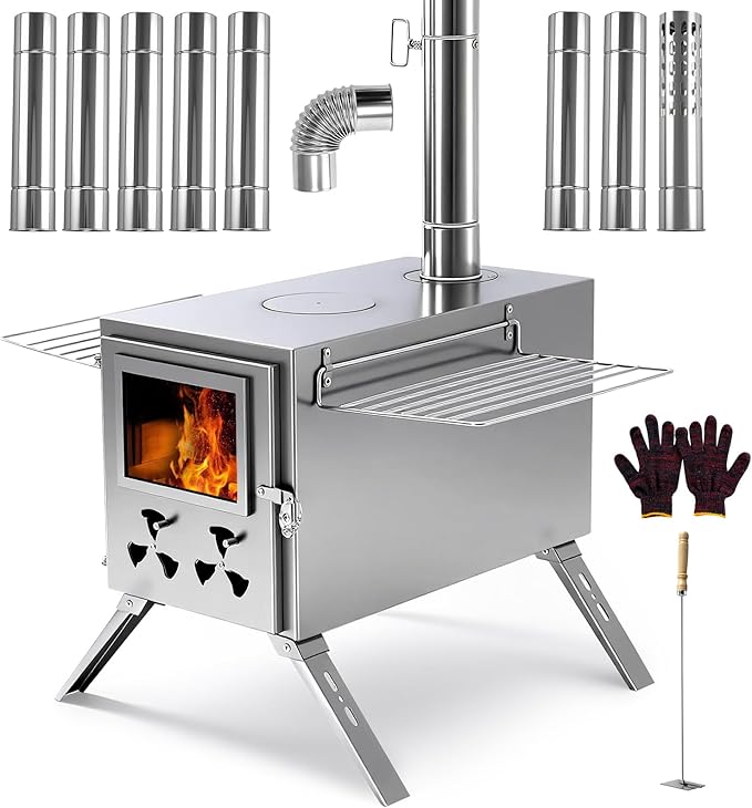 H&ZT Large Hot Tent Stove, Upgraded Wood Burning Stove with 9 Chimney Pipes, Portable Camping Heater for Cooking, Hunting...