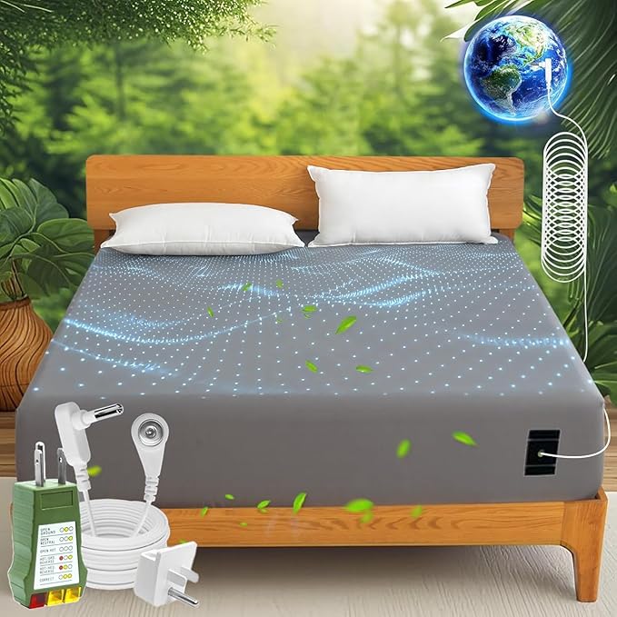 Grounding Sheets Queen Size 60x80x13.5 Inches - Organic Cotton & Silver Fiber Composition, Gray Grounded Bed Sheets Queen Size for Overall Improved Wellbeing, with 15 ft Grounding Cord