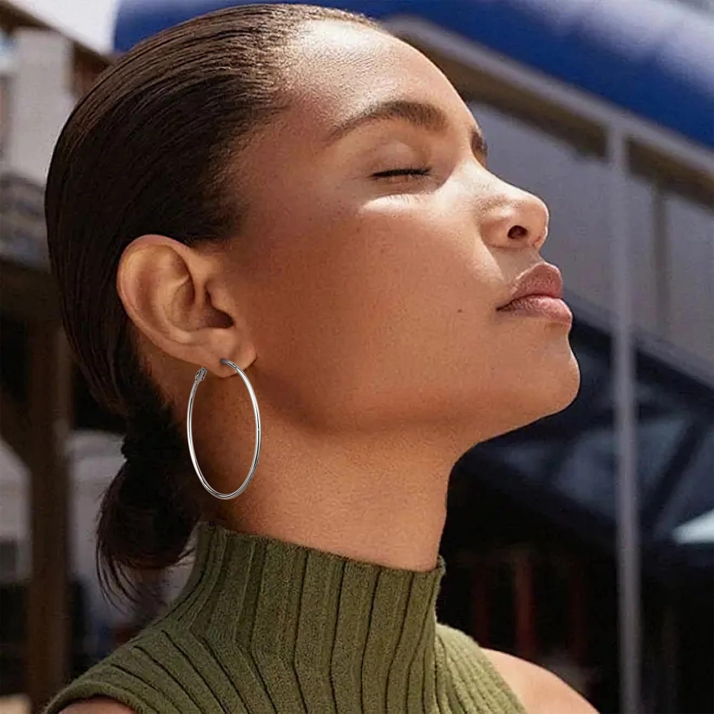 Gacimy Large Hoop Earrings for Women 14K White Gold Plated, 925 Sterling Silver Post Hoops for Women, 50mm Silver Tone Big Earri