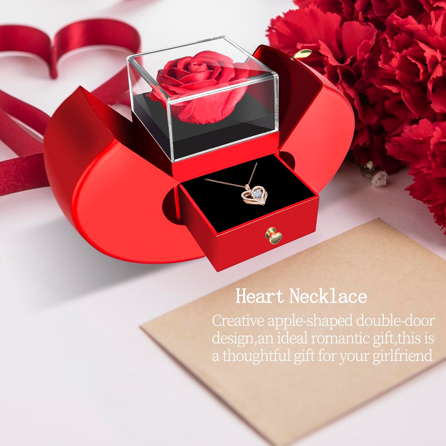 Preserved Flower Red Rose with Heart Necklace, Gifts for Mom, Girlfriend, Women, Wife, Grandma on Christmas, Valentine's Day, Mother's Day, Birthday, Anniversary, Thanksgiving