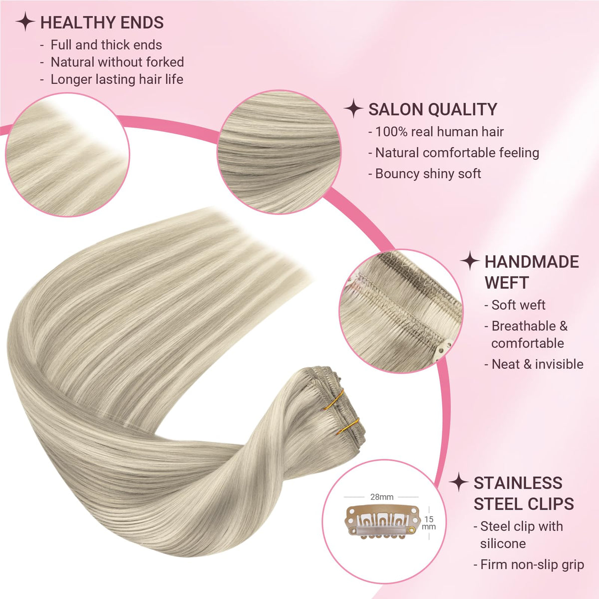 MAXITA Clip in Hair Extensions Real Human Hair, 12 Inch 7 pcs Ash Blonde Highlighted Platinum Blonde 80g, Extensions Clip ins fo