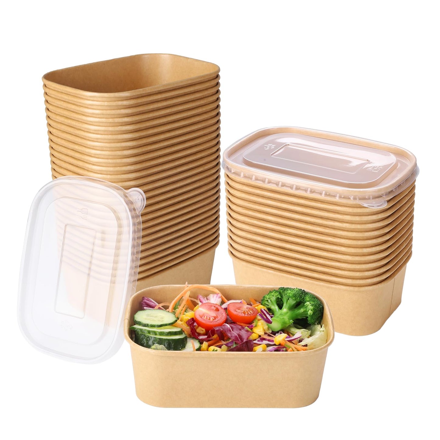 Belinlen 50 Sets 25oz Disposable Kraft Paper Bowls with Lids, Rectangle Paper Food Containers with Lids, Salad Bowls for Hot/Cold Food, Soup, Meal Prep, Ice Cream, Takeout, Party Supplies(750ml)