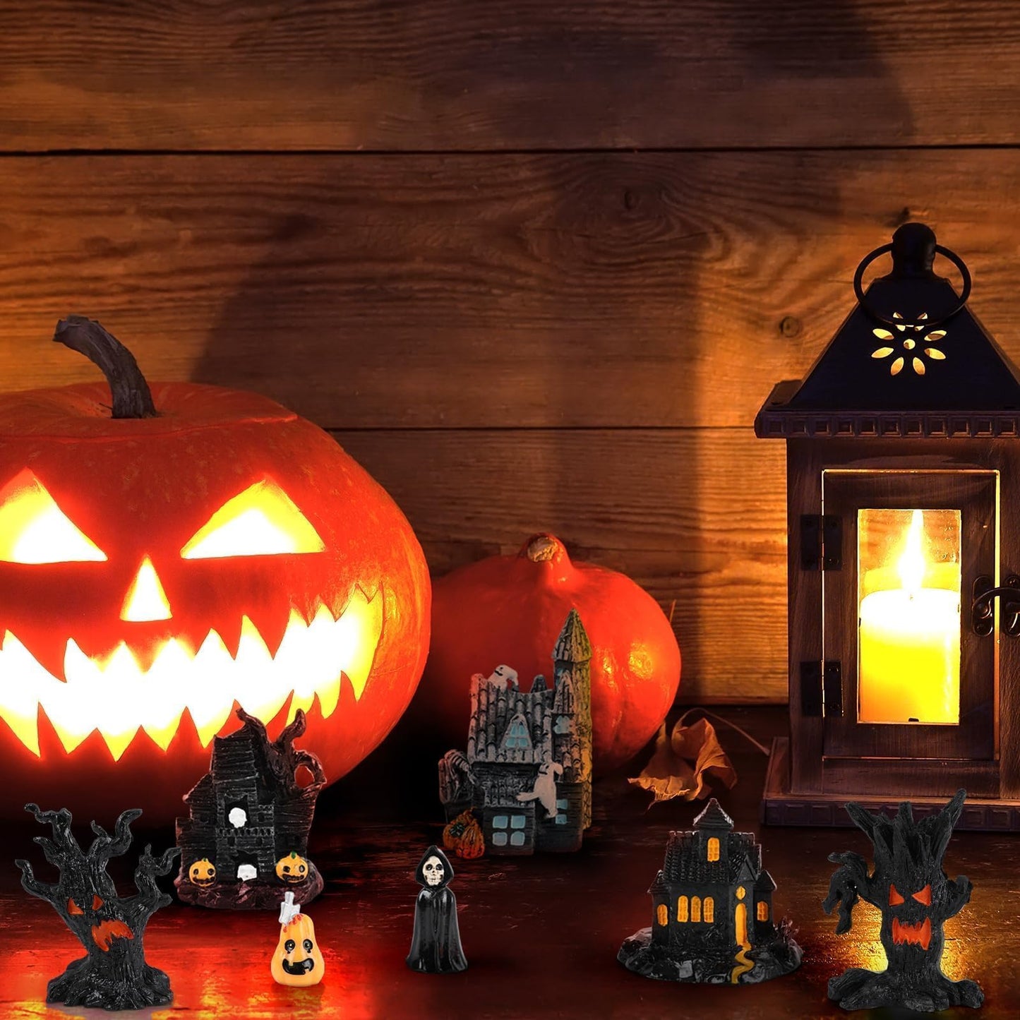 YLOLUL 30 Pcs Halloween Village Ornaments Accessories Figurines Town Miniatures Include Trees Pumpkins Black Dog Crows Skeletons Houses Wizard Bat for Halloween Village & Party Table Decorations