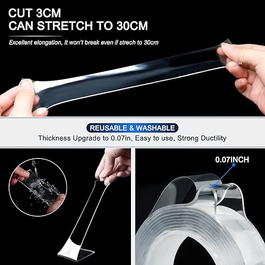 Double-Sided Tape Heavy Duty 9.84 FT x 1.18 in – Clear Removable Mounting Tape for Walls, Carpet, Rugs, Posters – Reusable, No-Residue, Indoor/Outdoor Nano Gel Grip (Pack of 2)