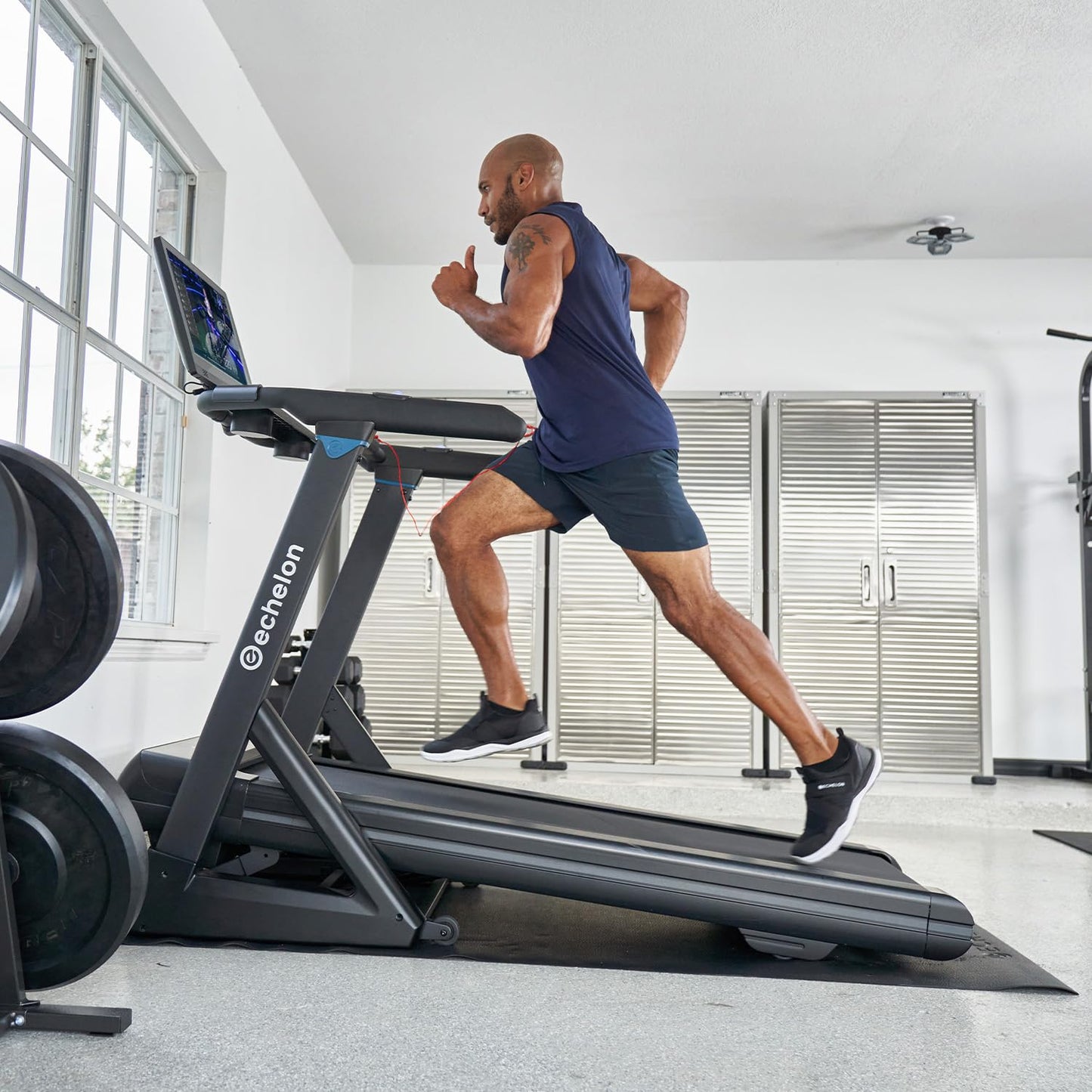 Echelon Stride 4S+22 Treadmill | 22” HD Touchscreen, 3.0 CHP Brushless Motor, 10% Incline, Foldable Home Gym, Heart Rate Sensors, Device Tray, Water Bottle Holders