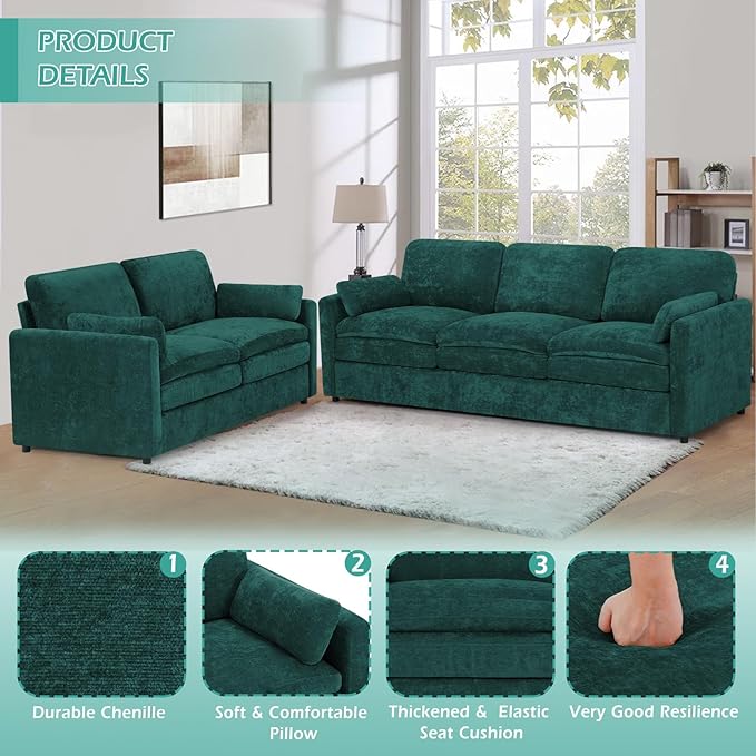 ACMEASE 2 Pieces Chenille Sofa Set w/Arm Pillows, Upholstered Loveseat & 3 Seater Sofa w/Comfortable Back Cushions, Modern 2-Seat & 3-Seat w/High-Density Foam for Living Room, Apartment, Teal