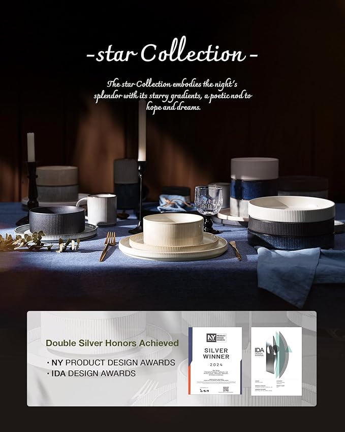 Famiware Star Dinnerware Set with Pasta Bowls, Service for 4 (16pcs), Ribbed Stoneware Plates and Double Bowls Dishes Sets - Chip & Scratch Resistant, Microwave & Dishwasher Safe, Nebulas Blue