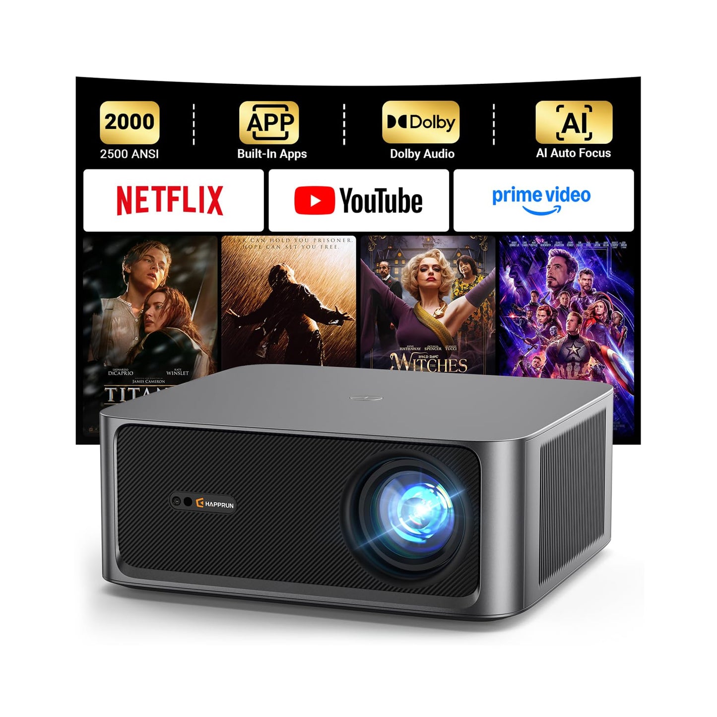 2000 ANSI Lumens Outdoor Projector with Built-in Streaming Apps, HAPPRUN 4K Decoding Movie Home Theater with Auto Focus, Dolby Audio, Wi-Fi Bluetooth, Compatible with Phone & PC, Indoor & Outdoor Use