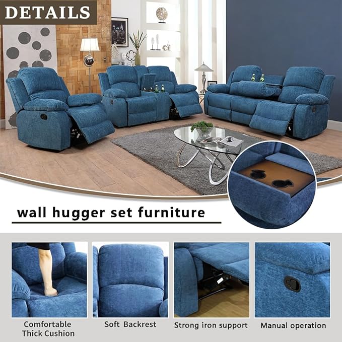 A Ainehome Recliner Sofa Set Living Room Furniture Set Manual Reclining Sofa Loveseat Chair Sectional Couch for Living Room/Home (A-Blue Microfiber, Sofa+Loveseat)
