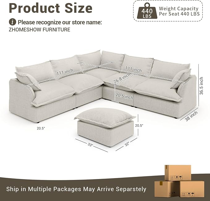 Lopzeho Oversized Cloud Modular Sectional Sofa, Comfy Down Filled Cloud Couch with Removable Cover, V Shaped 5 Seat Couch with Ottoman, Deep Seat Sectional Couches for Living Room, Light Gray