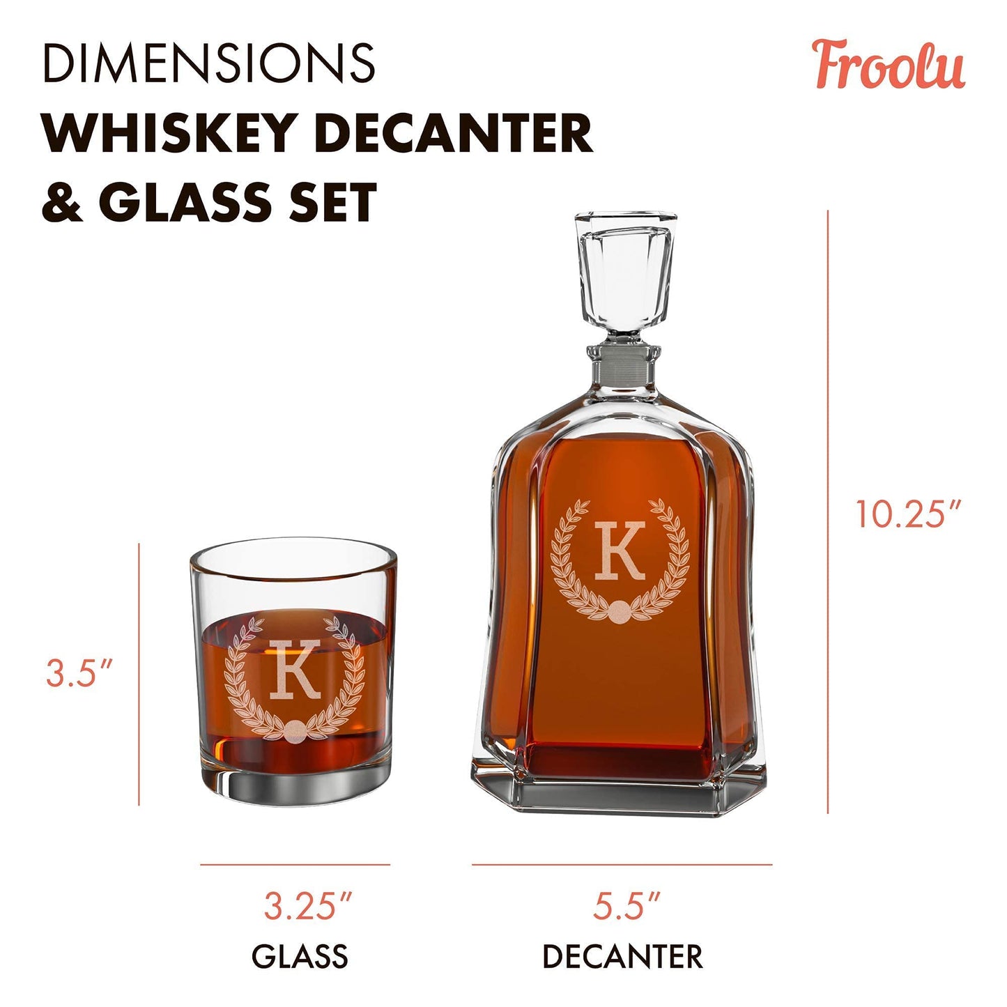 Engraved Liquor Whiskey Decanter Set with Scotch Glasses for Men - 9 Design Options - Personalized Gift Set for Him, Dad - Premium Set Includes Whiskey Stones - Christmas, Valentines - by Froolu
