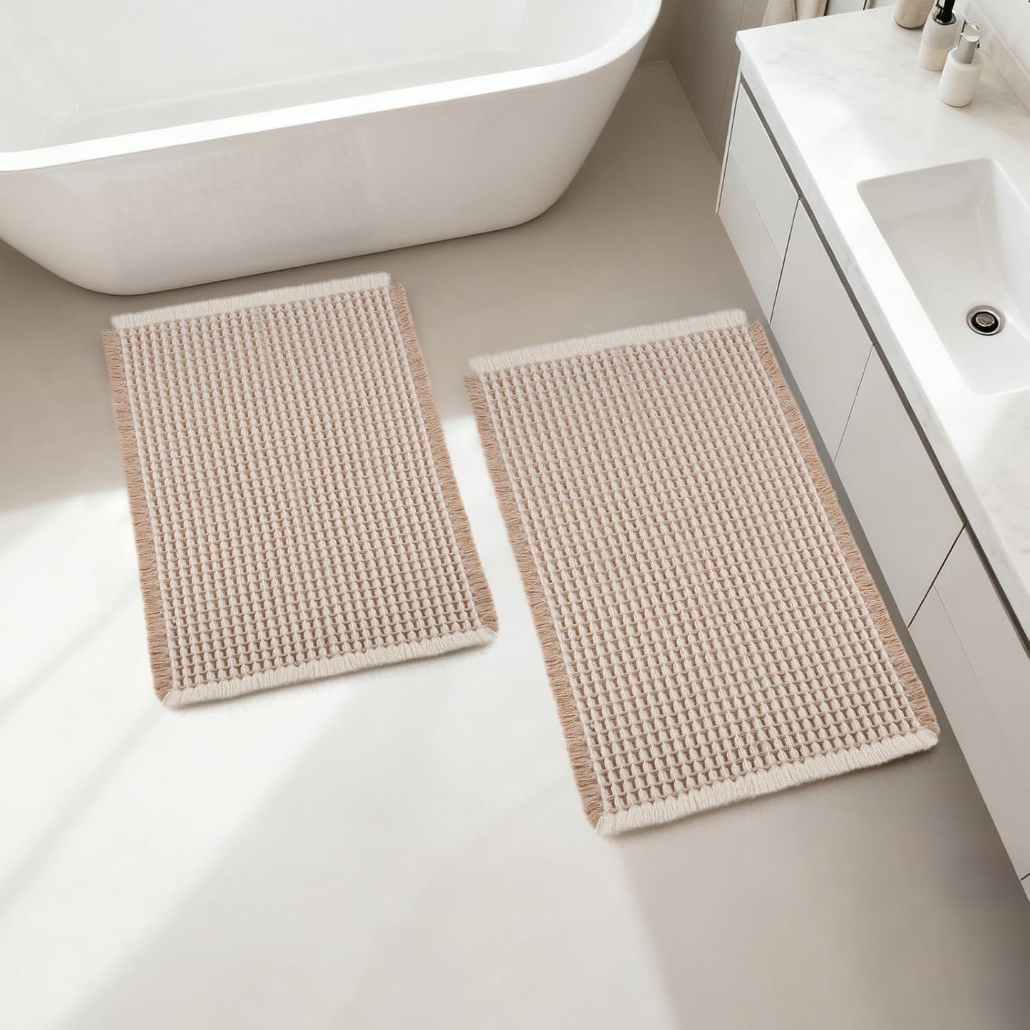 ArtyCozy Waffle Bath Mat Set of 2, Super Absorbent Soft Non-Slip Boho Bath Rugs with Flat-Woven Hot Glue Backing for Bathroom, Machine Washable Bath Mats, 17" × 24" Plus 18" × 30", Brown & White