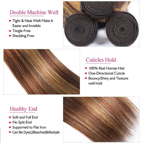 Habiliana Bundles Human Hair 16 18 20 Inch Straight Wave P4/27 Human Hair Bundles 11A Unprocessed Brazilian Virgin Quick Weave Hair Extensions for Black Women