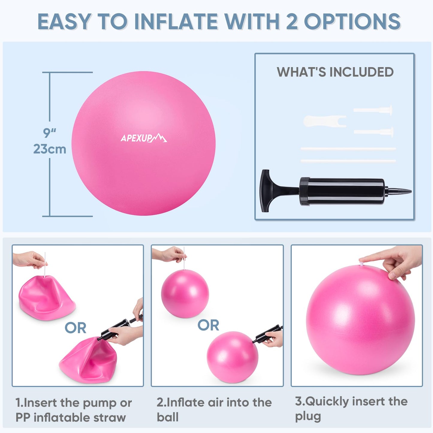 APEXUP Yoga Ball Exercise Ball, Heavy Duty Pilates Ball for Fitness, Balance, Core Workout, Physical Therapy (XXS (9") 23cm, Fuschia)