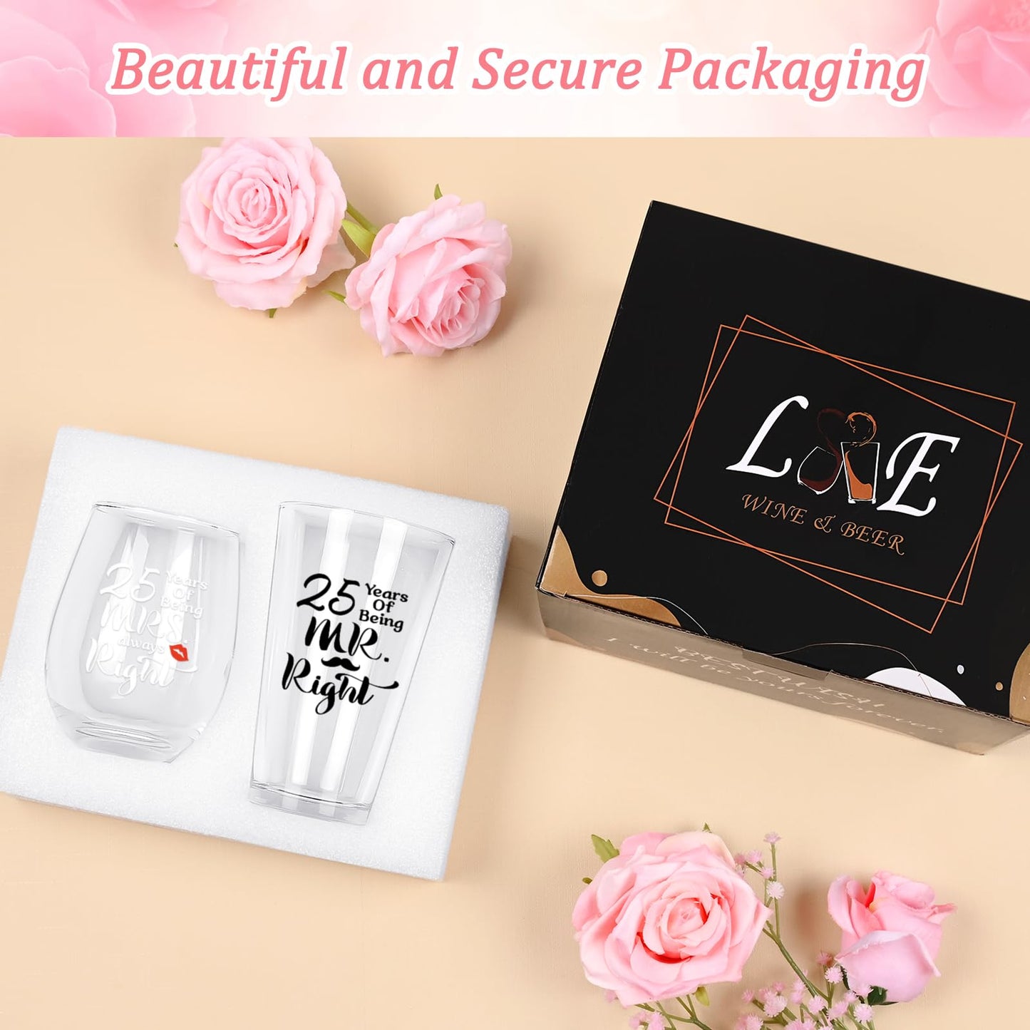 Futtumy 25th Anniversary Glass Gifts Set, 25 Years of Being Mr Right & Mrs Always Right 17oz Wine 15oz Beer Glass, 25th Wedding Anniversary for Wife Husband Couple Parents Grandparents Friends