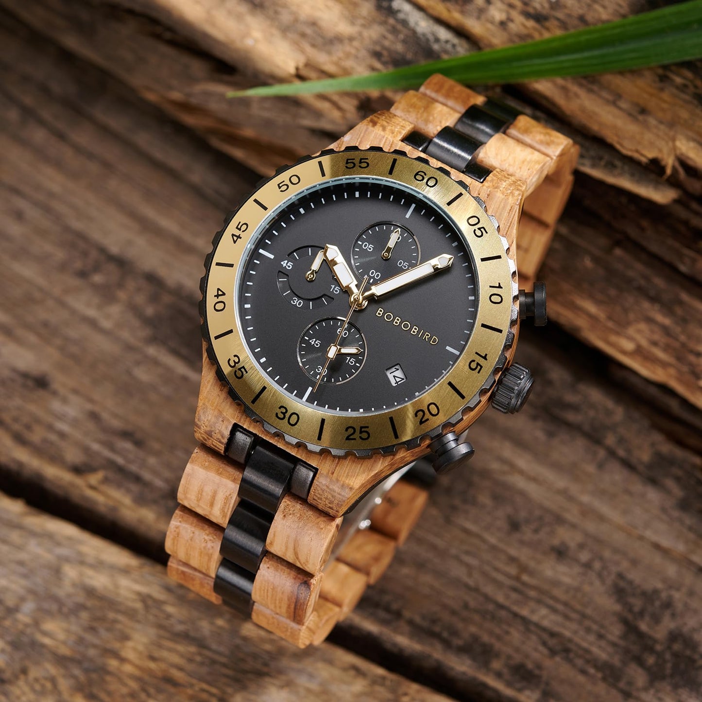 2win Engraved Wooden Watches for Men Gold Date Chronograph Military Luxury Japanese Movement Personalized Anniversary Watch Gift for Husband My Man Boyfriend (A-for-Husband)
