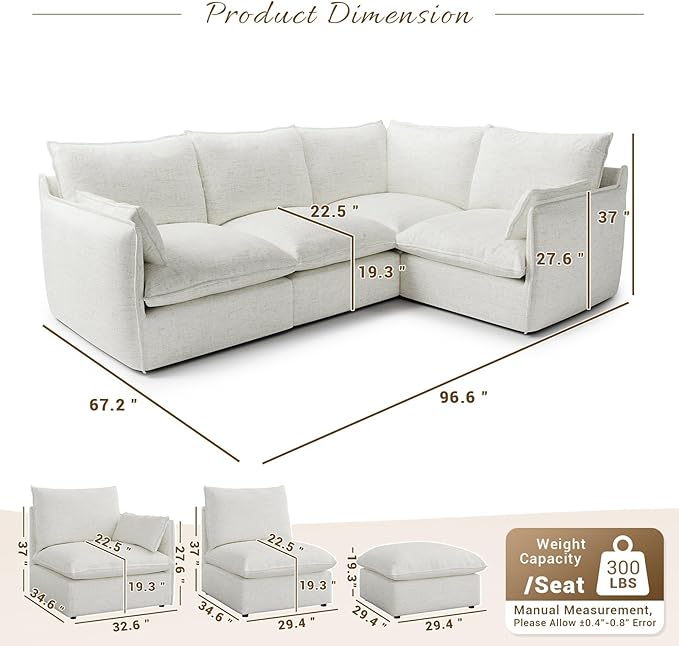 Forest aesthetics Cloud Modular Sectional,Waterproof High Backrest 4 Seater Sectional Couches,Down Filled Modular Couch with Removable Washable Cover for Living Room,Cream White