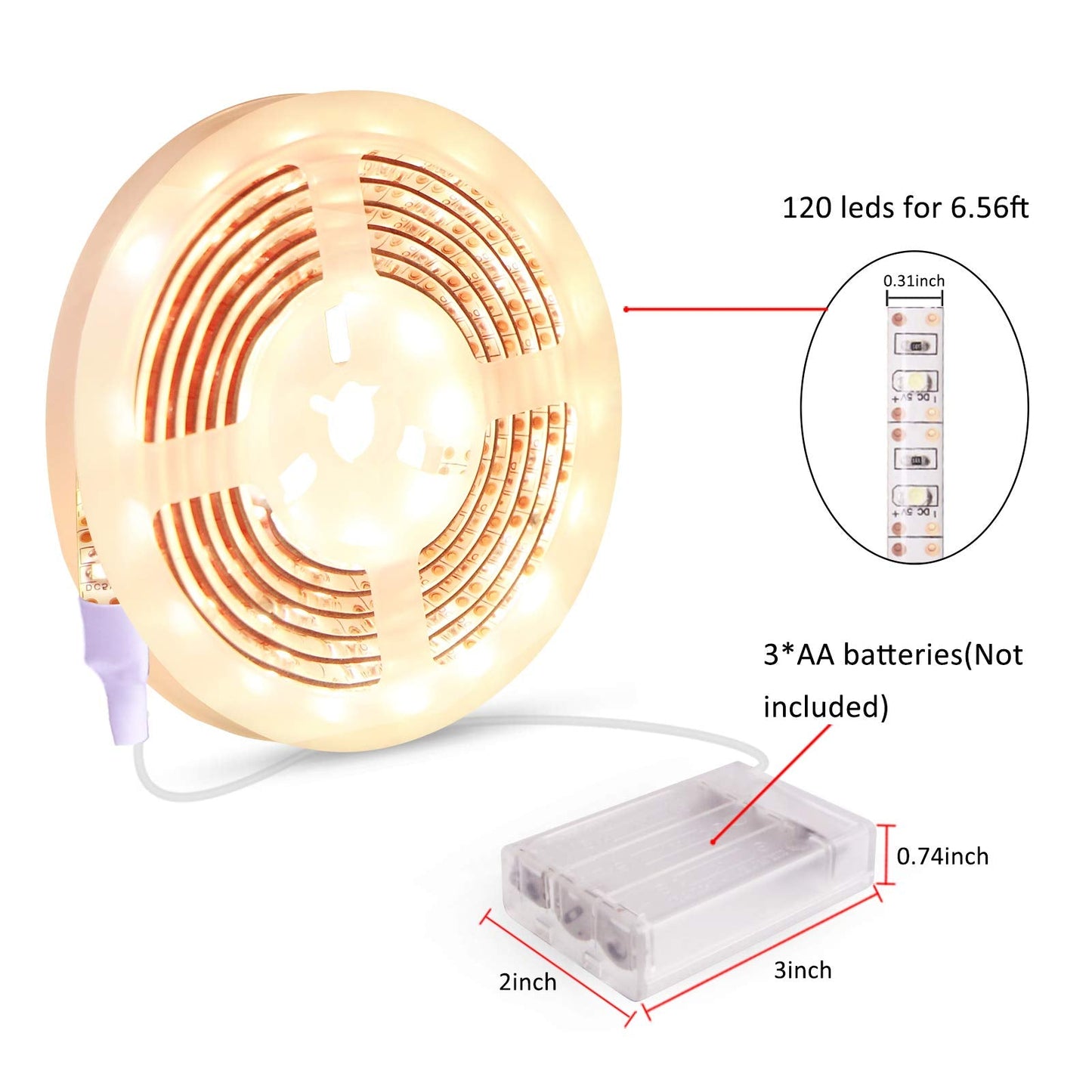 Battery Operated Led Strip Lights - Warm White 3000K, Waterproof, Self-Adhesive, Flexible, Cuttable - 13.2FT for TV, Mirror, Kitchen, Cupboard, Bedroom Decor