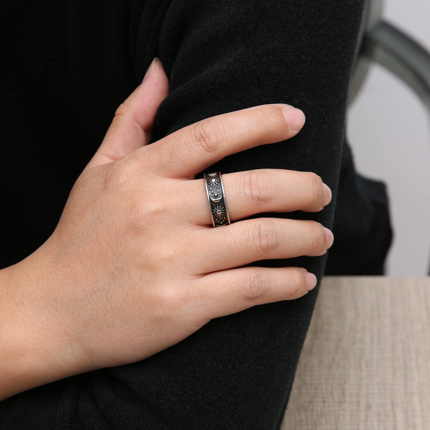 HZMAN 8mm Moon Star Sun Statement Ring Stainless Steel Boho Jewelry for Women Men (Silver, 5)