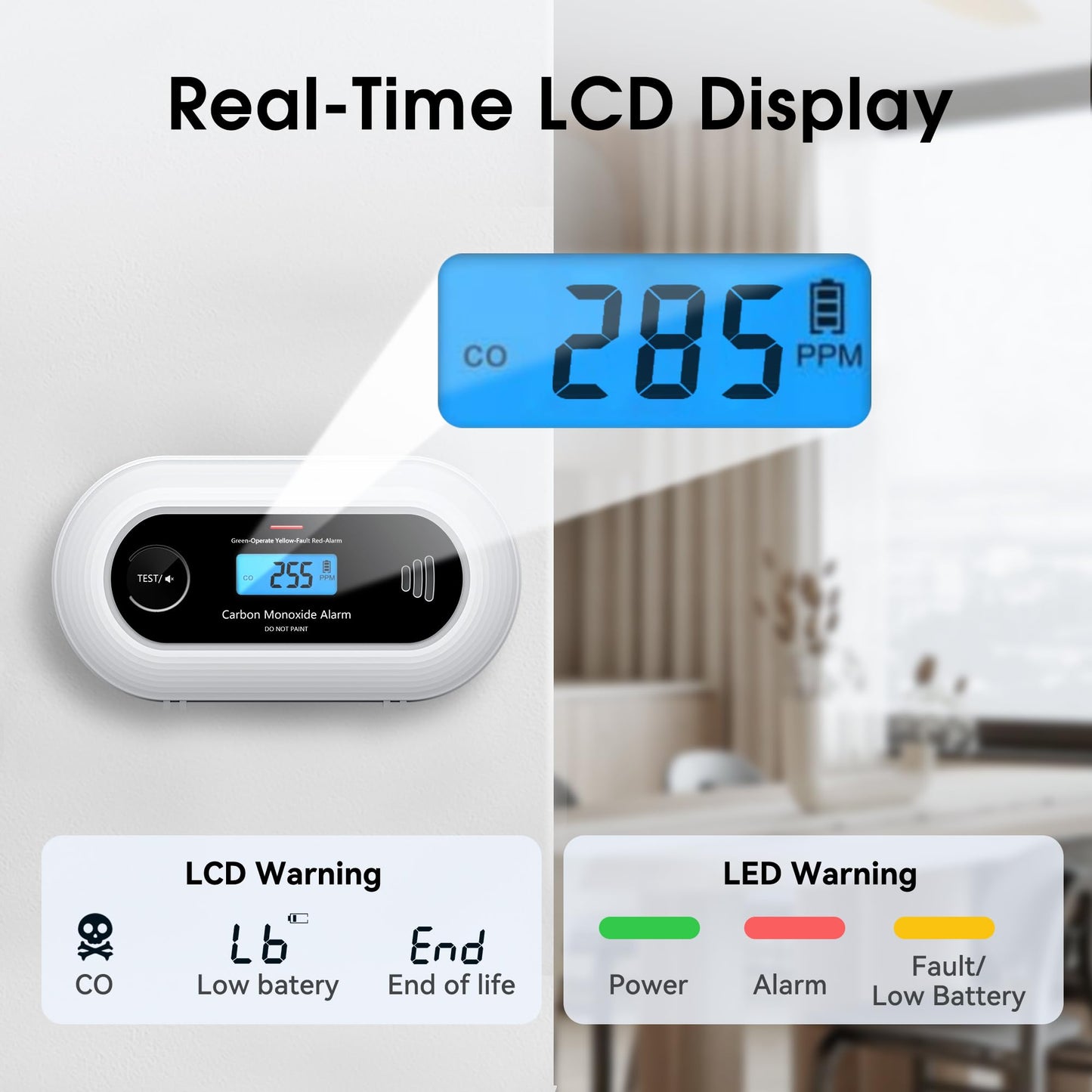 Carbon Monoxide Detector, Portable 10-Year Battery CO Alarm with Digital LCD Display, Battery Powered CO Detector for Home, Office and Travel