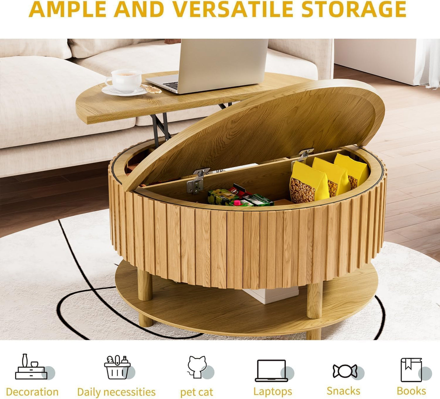 Limaoaio Round Lift Top Coffee Table with Storage, 31.5'' Modern 2-Tier Coffee Table with Hidden Storage Compartment and Open Shelf, Fluted Center Table for Living Room Home Office (Wood Color)