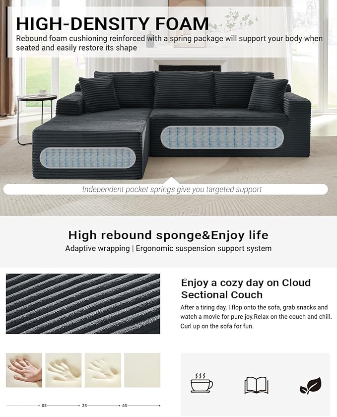 Vanress Cloud Couch Sectional, Corduroy Boneless Couch with L-Shape Chaise, Modern Modular Sectional Sofa Comfy Deep Seat for Living Room, Bedroom, No Assembly (Dark Grey, Left Facing Chaise)