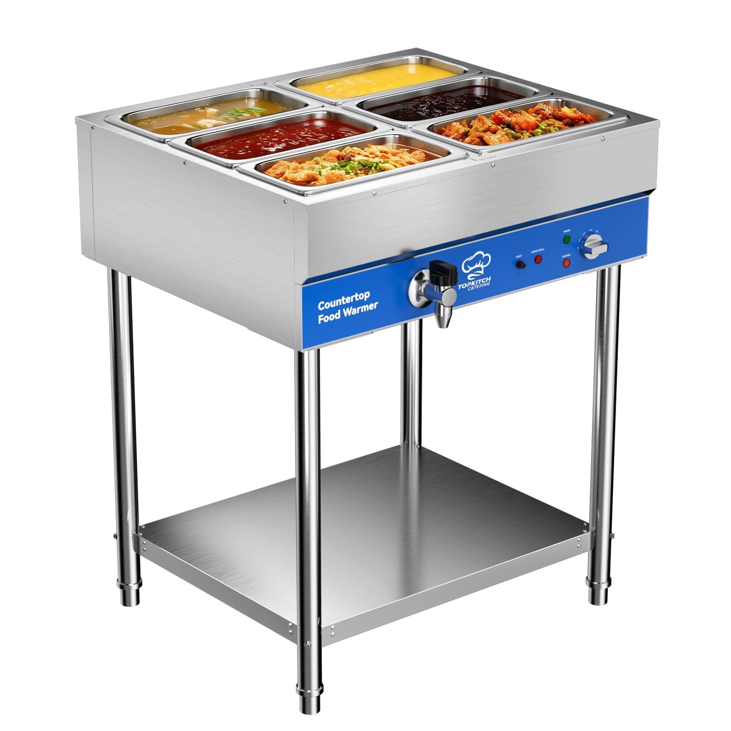TOPKITCH 6-Pan Commercial Food Warmer, Electric Steam Table, 120V 1700W Stainless Steel Buffet Catering Food Warmer with Undershelf and Workspace, for Restaurant.