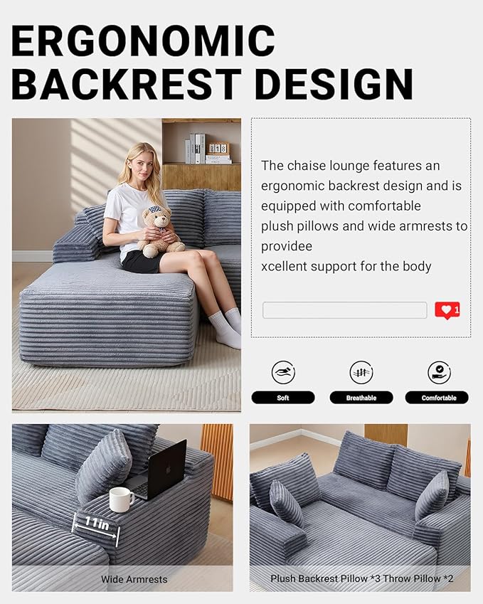 108 Inch Cloud Sectional Couch,Modern Modular Sectional Sofa with Deep Seat,Corduroy Boneless Couches with L-Shape Chaise for Living Room,No Assembly Required (Grey, Left Facing Chaise)