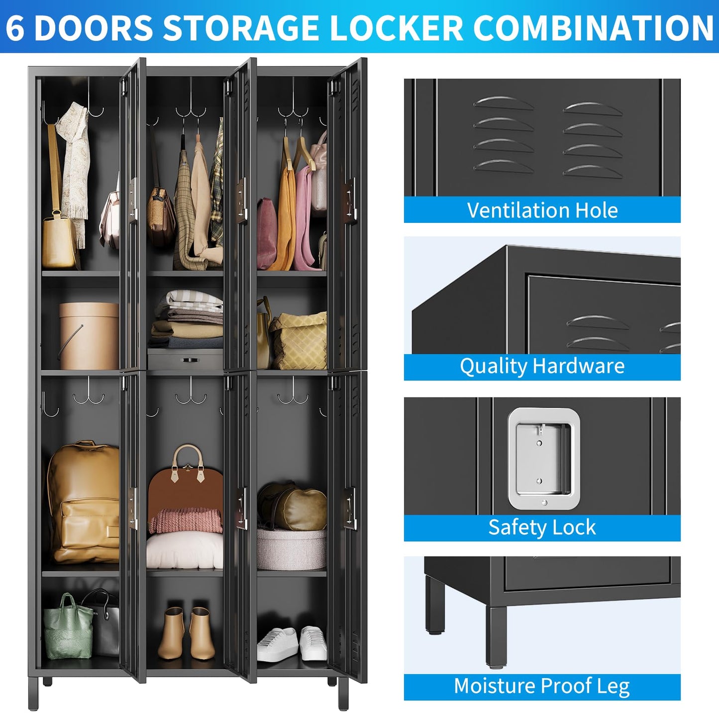 BouPower 72" Tall Metal Lockers for Employees with 12 Hooks and 9 Shelves, 6 Doors Office Storage Cabinet for Home, School, Gym, Office, Black